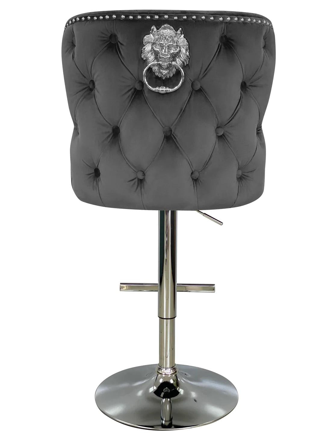 Valentino Grey Lion Knocker Quilted Back Plush Velvet Chrome Bar Stool - Belmont Interiors