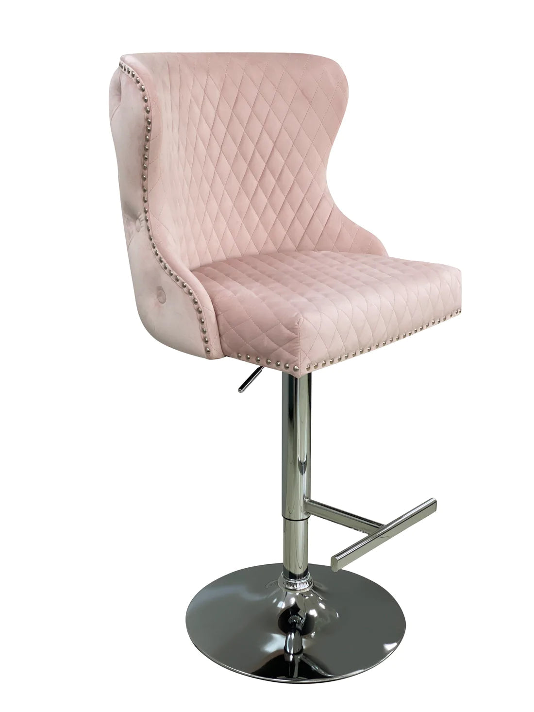 Valentino Pink Lion Knocker Quilted Back Plush Velvet Chrome Bar Stool - Belmont Interiors