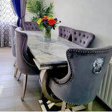 Arianna Marble & Chrome Dining Table With Lion Knocker Velvet Chairs