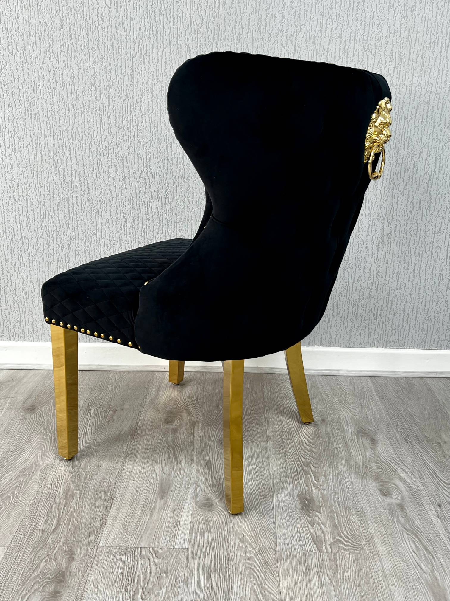 Valentino Black Gold Lion Velvet Dining Chair Gold Legs - Belmont Interiors