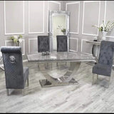 Arial 200cm Marble & Chrome Dining Table With Lucy Slim Quilted Lion Knocker Velvet Chairs