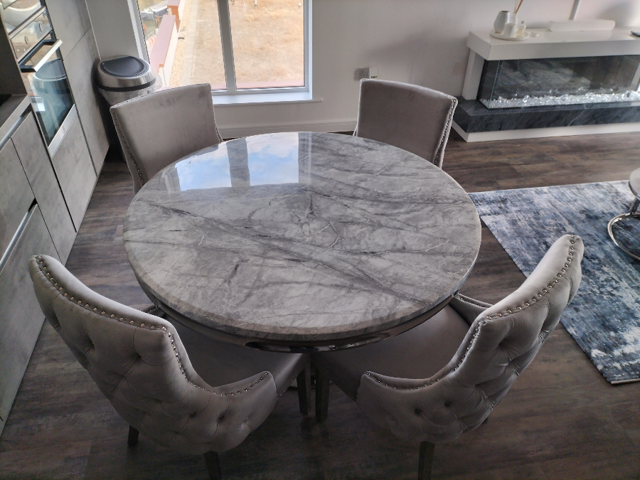 Chelsea 130cm Marble & Chrome Round Dining Table - 5 Colours - Belmont Interiors