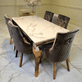 Louis Marble & Chrome Dining Table With Grey Round Quilted Ring Knocker Velvet Chairs