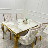 Louis Gold Marble Dining Table With Shimmer Cream Gold Lion Knocker Dining Chairs