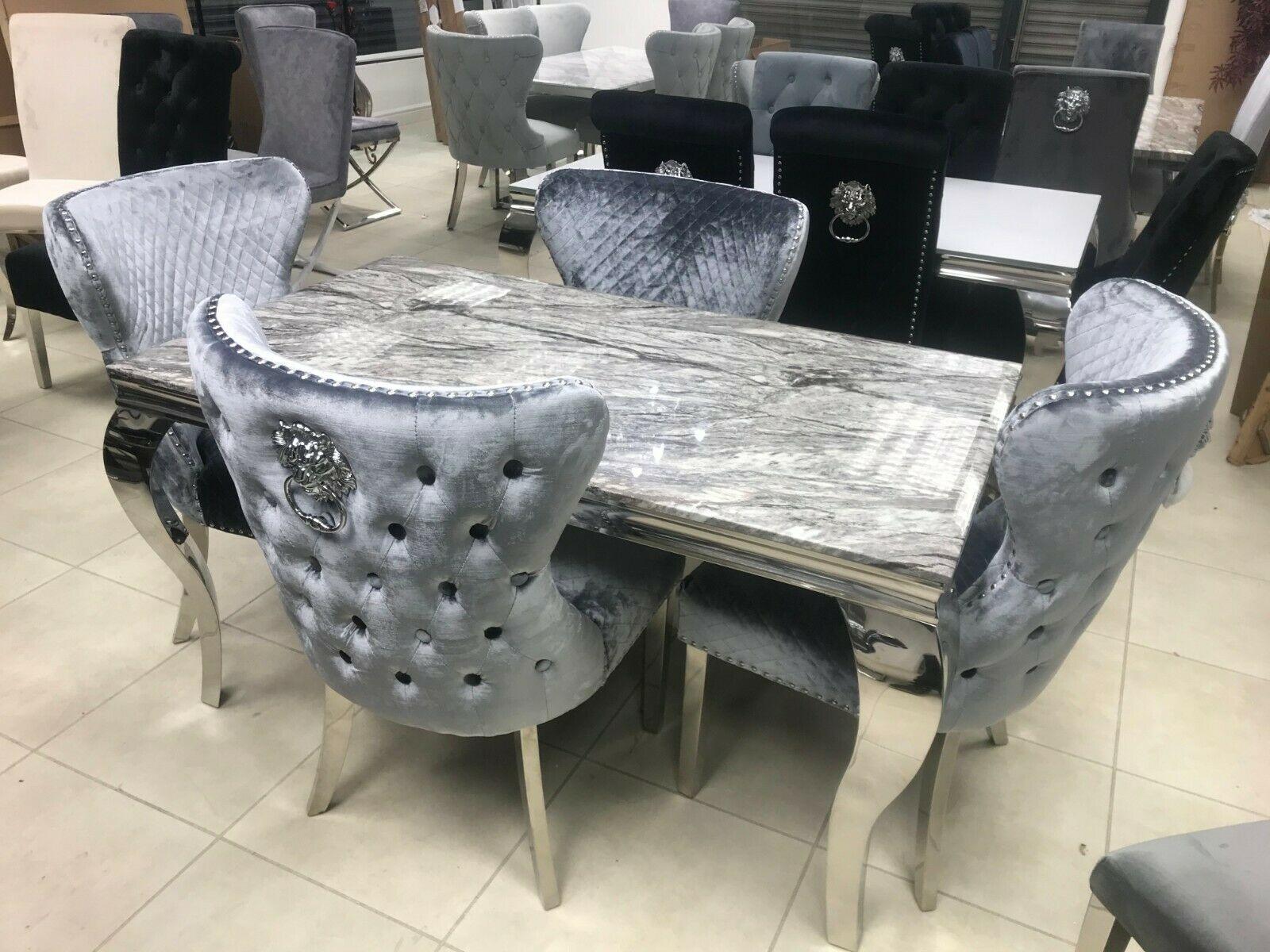 Louis Marble & Chrome Dining Table With Valente Lion Knocker Velvet Chairs-Esme Furnishings