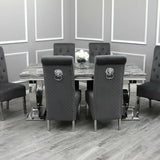 Arianna Marble & Chrome Dining Table With Grey Lucy Slim Quilted Lion Knocker Velvet Chairs + Grey Arianna Bench