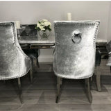 Louis Marble & Chrome Dining Table With Shimmer Chrome Ring Knocker Chairs