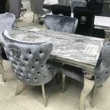 Louis Marble & Chrome Dining Table With Shimmer Valentino Lion Knocker Chairs