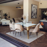 Louis Glass & Gold Dining Table With Astra Velvet / Leather Chairs