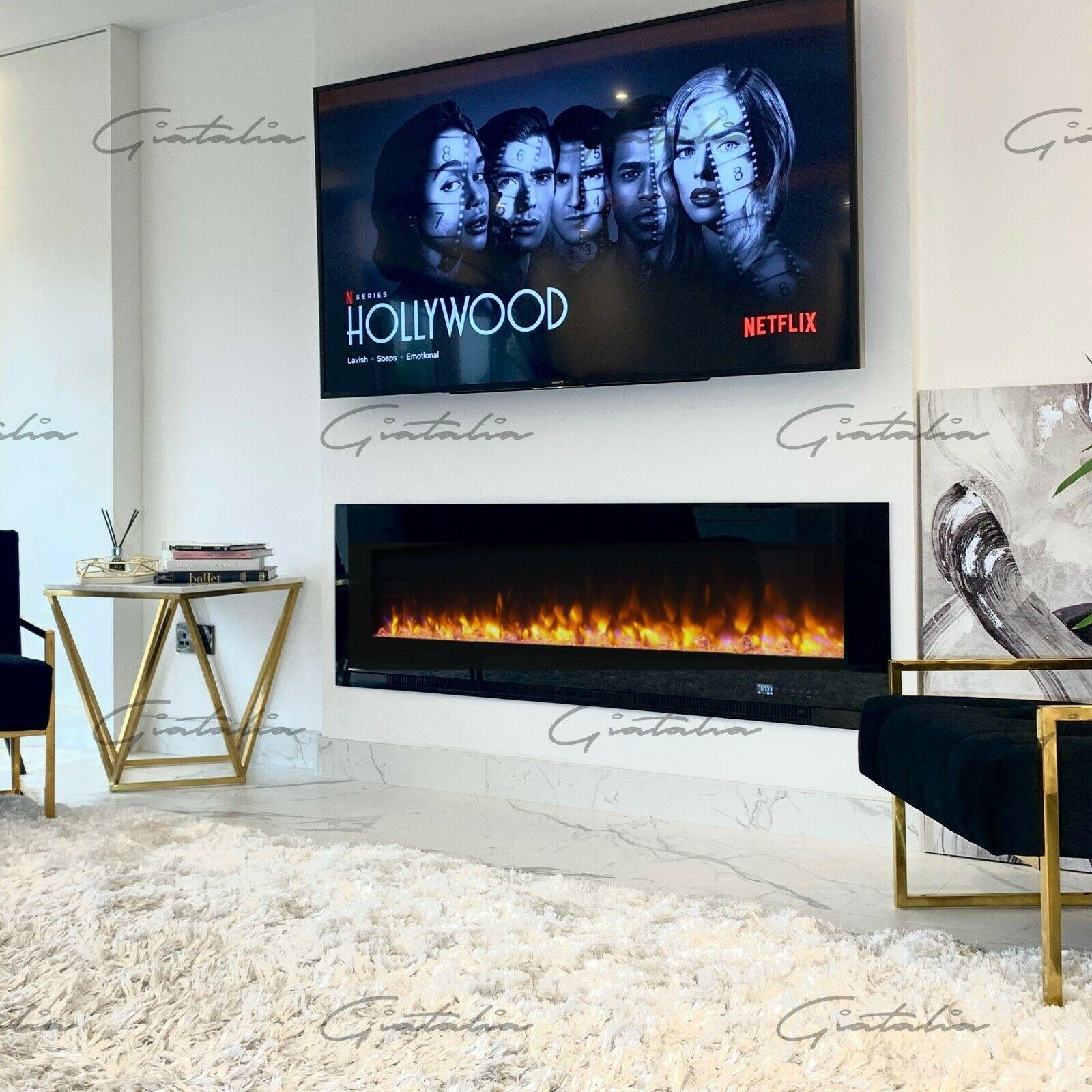 Aurora Black 78" Insert Electric Fire 10 Colour LED Glass Wall Mounted Inset-Esme Furnishings