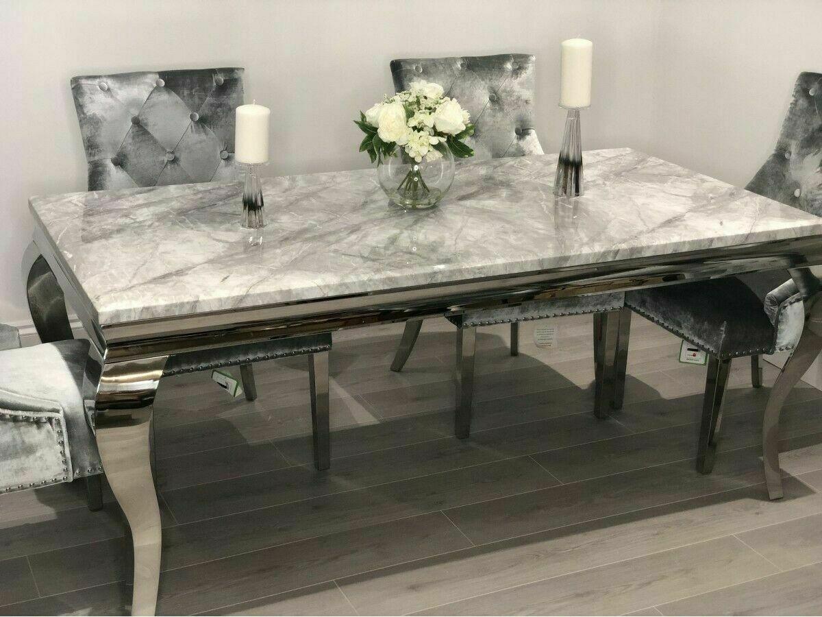 Louis Marble 200CM Dining Table + Victoria Grey Ring Chairs, Bench Option - Belmont Interiors