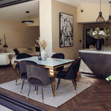 Louis Glass & Gold Dining Table With Astra Velvet / Leather Chairs