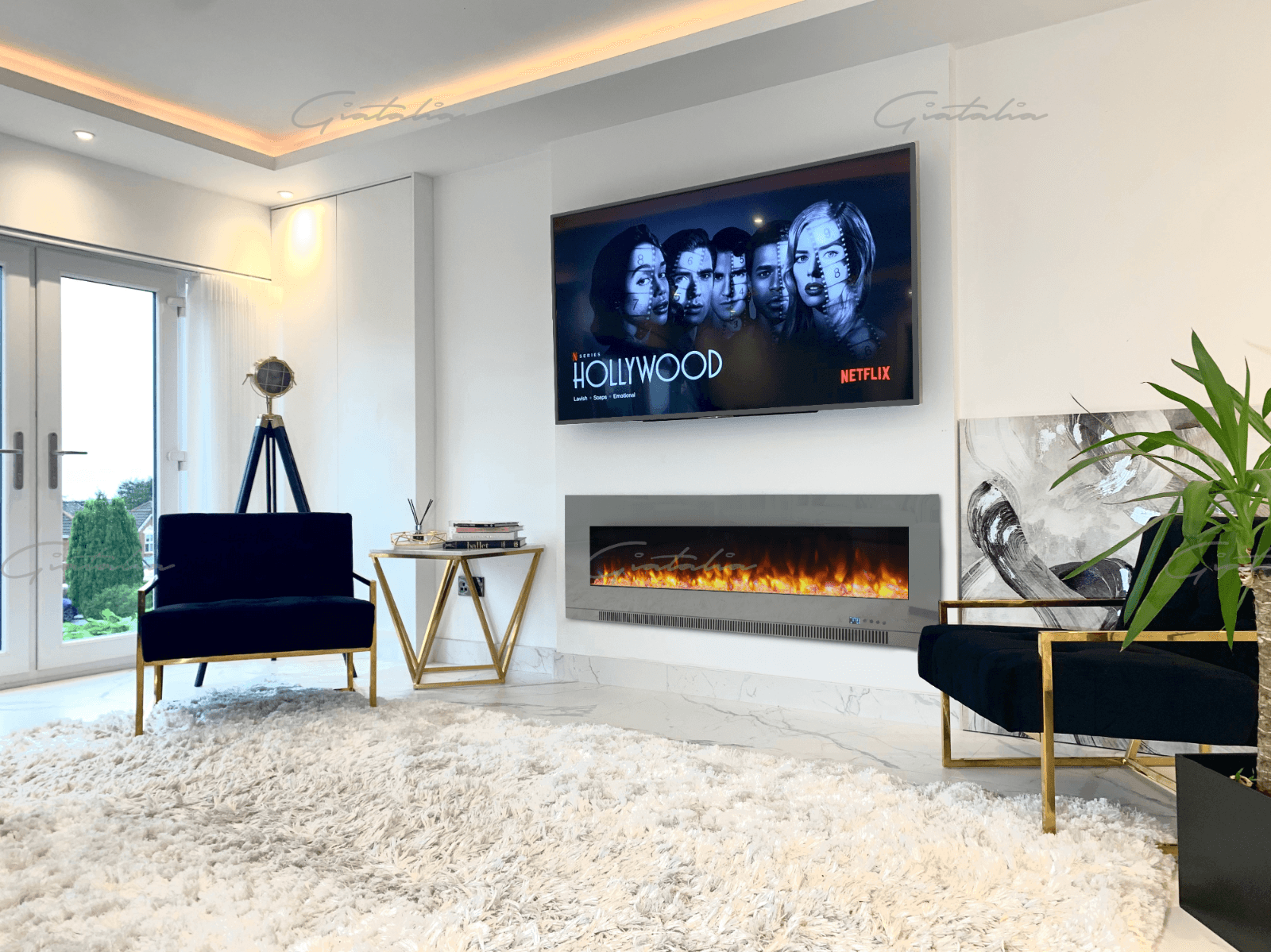 Aurora Grey 60" Insert Electric Fire 10 Colour LED Glass Wall Mounted Inset-Esme Furnishings