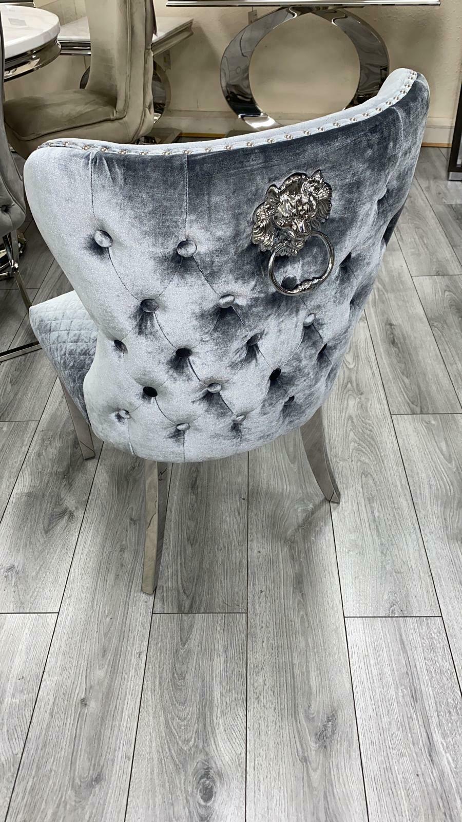 Chelsea 130cm Grey Marble Round Dining Table + Valente Grey Lion Button Chairs-Esme Furnishings