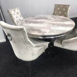 Chelsea 130cm Marble Round Dining Table With Shimmer Chrome Ring Knocker Chairs