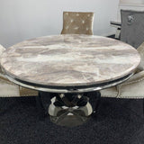 Chelsea 130cm Beige Marble Round Dining Table + Belle Champagne Dining Chairs-Esme Furnishings