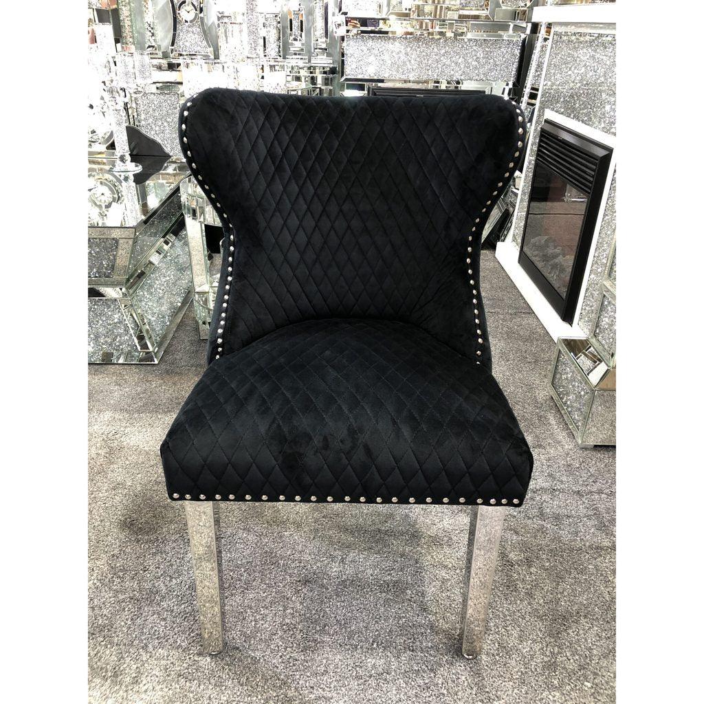 Valentino Black Quilted French Velvet Chrome Leg Lion Knockerback Dining Chair-Esme Furnishings